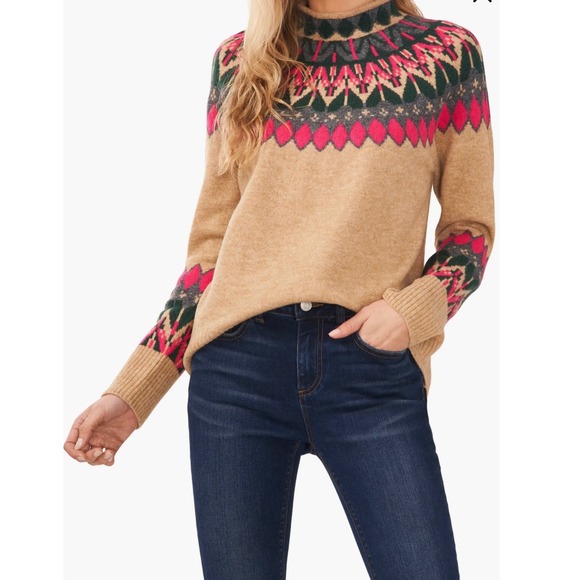 Vince Camuto Sweaters - Vince Camuto Womens Fair Isle Mock Neck Sweater Large Mockneck Brown Pink Greeo